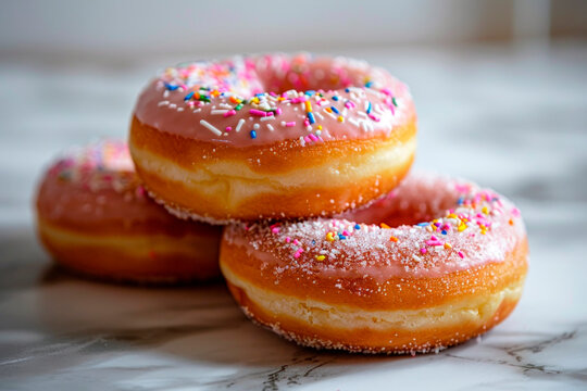 Donuts doughnuts with chocolate, marshmallow and sugar sprinkles on light background. Image for cafe menu, Banner