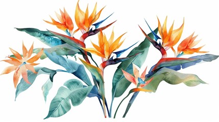 Watercolor bird of paradise clipart featuring exotic orange and blue flowers.