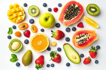 Creative layout made of fruits. Flat lay. Plum, apple, strawberry, blueberry, papaya, pineapple, lemon, orange, lime, kiwi, melon, apricot, pitaya, mango and carambola on the white background. 