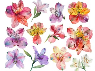 Watercolor alstroemeria clipart featuring colorful blooms with speckled petals.