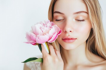 Blonde Woman Holding a Pink Peony Close to Her Face in a Bright Room
