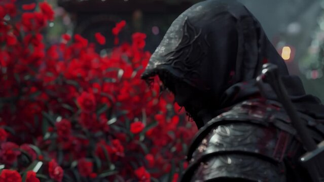 Shrouded in a black robe, standing amidst a sea of red leaves and plants. The dark, ominous surroundings create an eerie, mysterious atmosphere. 