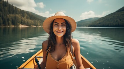 Smiling young woman canoeing on a lake 