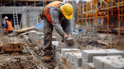 A construction worker laying bricks at a construction site. 