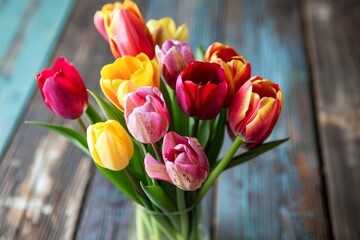 Vibrant Tulip Bouquet in Glass Vase Captured on a Sunny Spring Day
