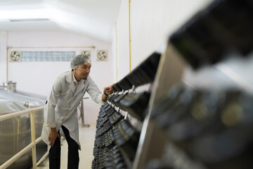 Male factory worker inspecting quality of wine bottles on shelf during manufacturing in process in...
