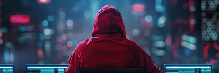 hacker with red hoodie sitting in front of Laptop or computer, hacking cyber security threat , neon cyberpunk tech studio copy space