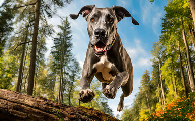 a great dane jumps at full speed over a tree trunk in the forest, AI generated