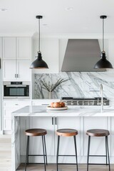 Modern Kitchen Interior With Marble Island, Pendant Lighting, and Stainless Steel Appliances
