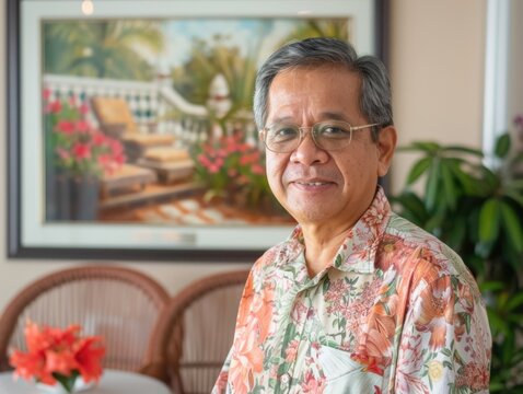 Filipino man with glasses, sitting in front of a serene patio painting.
 - Powered by Adobe