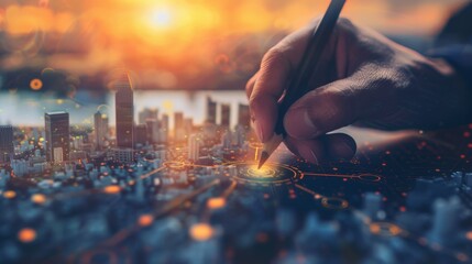 A hand wielding a pen sketches both a drawing and the city's architectural design. A contemporary architect creates a digital blueprint of the city, exemplifying digital urbanism - obrazy, fototapety, plakaty