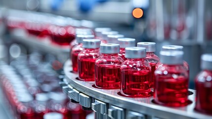 Precision bottling in pharma, red solutions in vials,