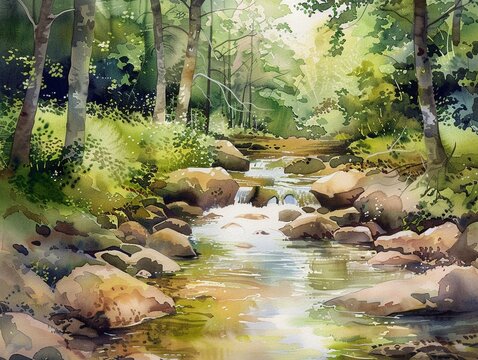 Gentle watercolor painting of a summer creek