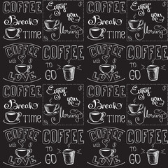 Seamless pattern with various coffee labels. Hand drawn texture pattern with coffee, to go cups, mugs, beans and lettering types. Black and white design. Monochrome wallpaper.
