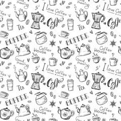Hand drawn seamless pattern with coffee and tea signs. Kettles, teapot, cups, and lettering types. Black and white design. Monochrome texture, wallpaper.
