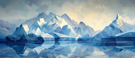 Oceanic icebergs, geometric shapes, azure and gray palette,