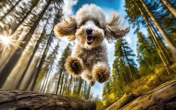 a poodle jumps at full speed over a tree trunk in the forest, AI generated