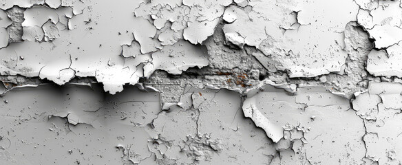 High resolution photorealistic image of cracked white paint on concrete, grayscale. Created with Ai