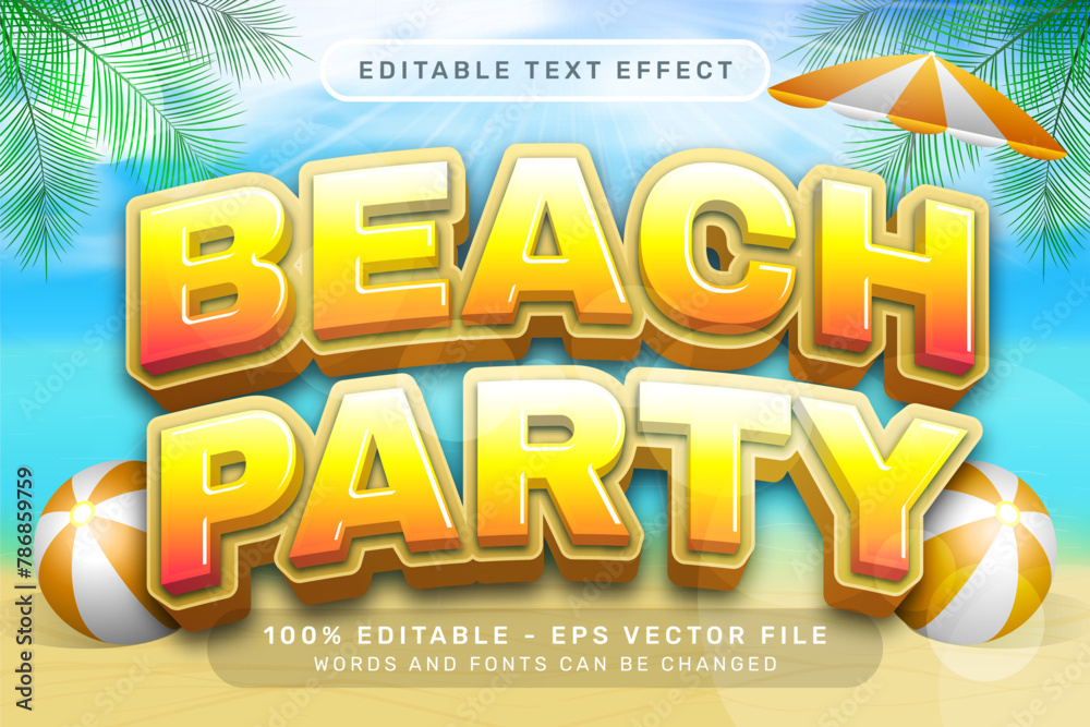 Poster beach party 3d text effect and editable text effect with a beach background