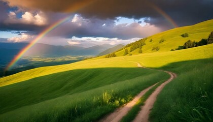 Obraz premium Amazing-scene-in-summer-mountains--Lush-green-grassy-meadows-in-fantastic-evening-sunlight--Rural-road-and-beautyful-rainbow-in-dramatic-sky--Landscape-photography