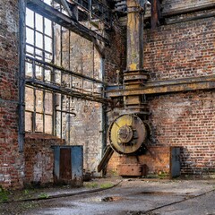 old clock tower,A grunge industrial scene featuring weathered brick walls and aged machinery, capturing the character of abandoned industrial spaces.