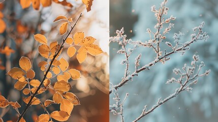 Two images of branches, one with leaves and one with snow