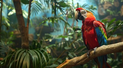 Macaw perched in a branch within a bird enclosure