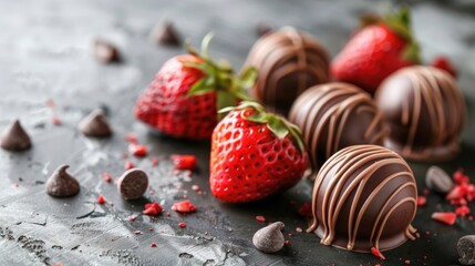 Delectable hazelnut and strawberry cream chocolate truffle enjoyed at Easter celebrations birthday gatherings and wedding receptions with available space for text - obrazy, fototapety, plakaty