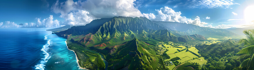 A panoramic view of the island of Kauai is seen from above, with a mountain range in front and an...