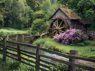 A quaint water mill with an old wooden wheel, surrounded by lush greenery and blooming lilac trees