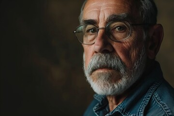 Portrait of an old man with a gray beard and glasses.