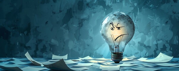 Engaging cartoon of a lightbulb with a frown and dim light, casting a shadow over a desk of rejected business proposals - obrazy, fototapety, plakaty