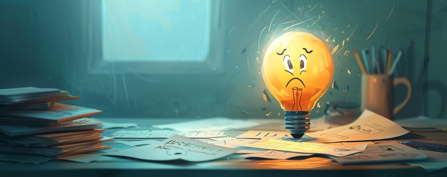 Engaging cartoon of a lightbulb with a frown and dim light, casting a shadow over a desk of rejected business proposals