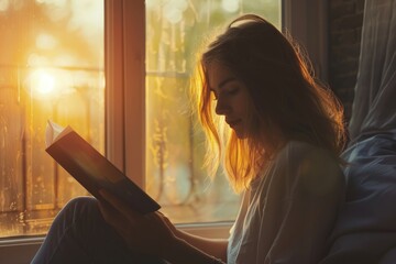 A 20 years old woman reading a book, sunset natural light.