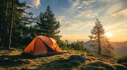 Tent pitched in lush grass and green environment - obrazy, fototapety, plakaty
