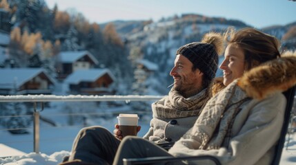 Fototapeta premium Couple spending time together and drink after skiing in cafe at ski resort in mountains. Side view