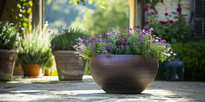 Decorative big pot with blossoming flowers
