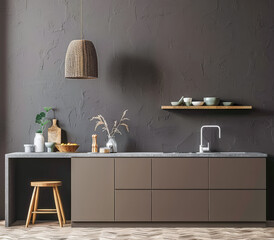 Modern rustic kitchen with artisanal decor in grey and beige tones.