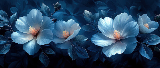 a three blue flowers that are on a dark background - obrazy, fototapety, plakaty