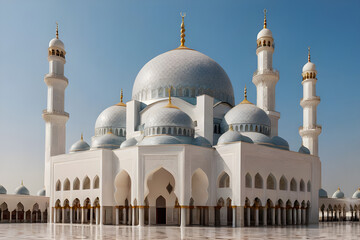 Fototapeta na wymiar Beautiful white mosque with blue dome, view from terrace with clear sky background.