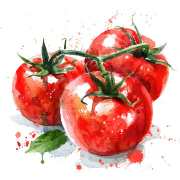 Tomatoes on branch. Food and vegetables. Watercolor illustration. Isolated picture for design.