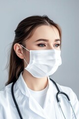 Young Female Healthcare Professional Wearing Mask and Stethoscope Against Grey Background