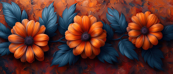 a three orange flowers on a red background with blue leaves - obrazy, fototapety, plakaty
