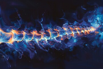 Glowing spine, deep blue medical art