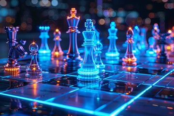 Glowing pieces on a cyber chessboard - obrazy, fototapety, plakaty