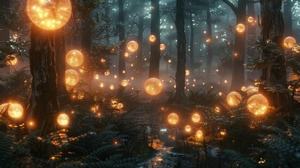 Glow: A mystical scene with glowing orbs floating in a dark forest - obrazy, fototapety, plakaty