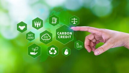 Green energy, Carbon credit market concept, Businessman pointing Carbon credit icon, Net zero,...