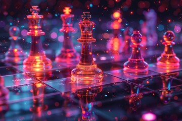 Glowing pieces on a cyber chessboard