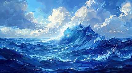 Geometric ocean waves, dynamic blue blocks, - obrazy, fototapety, plakaty