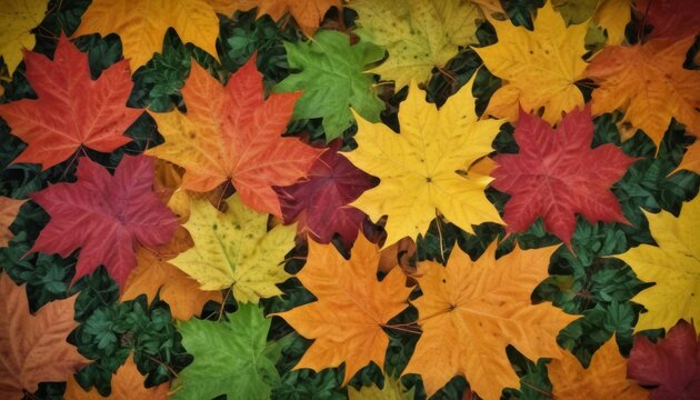 Amazing colorful background of autumn maple tree leaves background close up. Multi color maple leaves autumn background